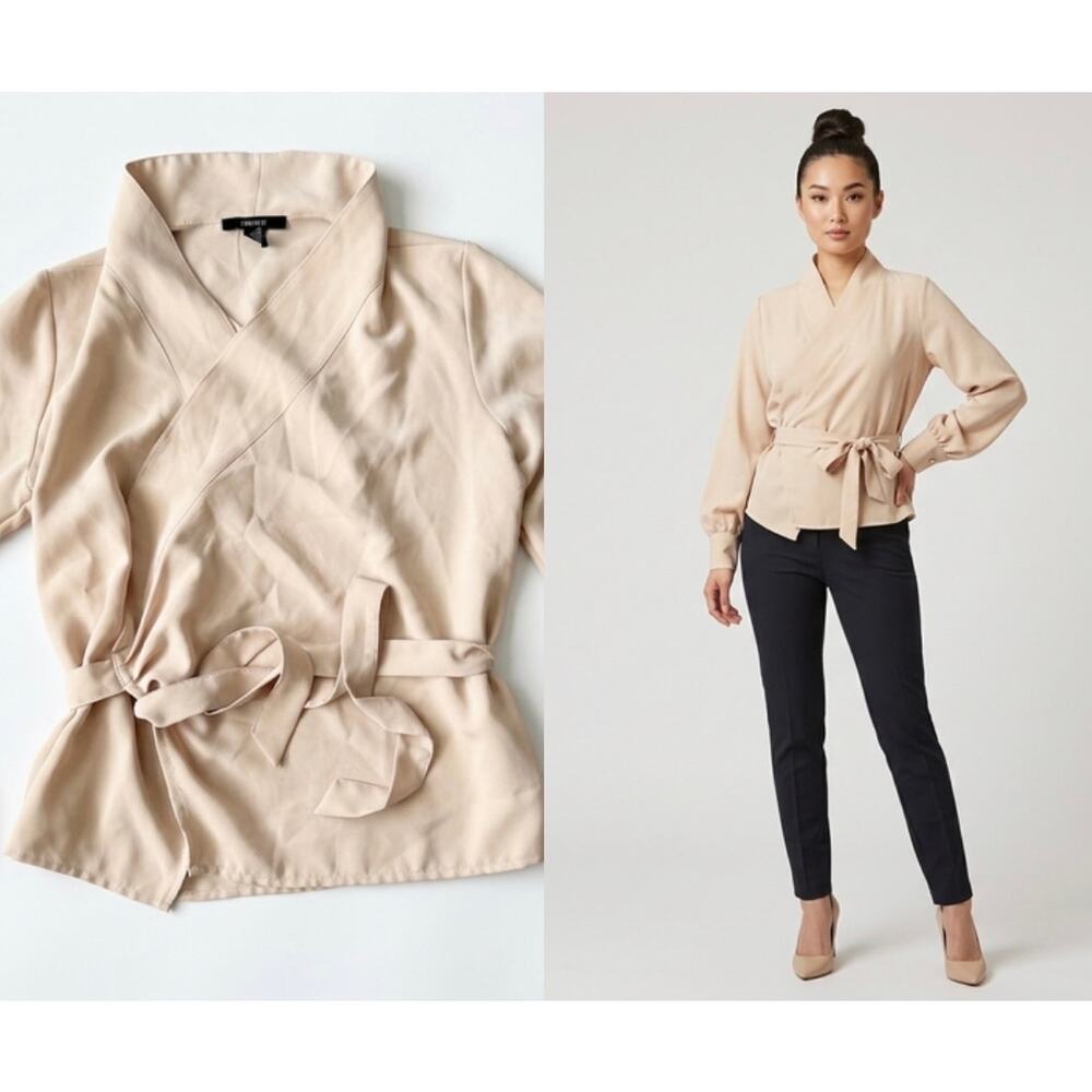 Forever 21 Surplice Wrap Tie Peplum Top Beige Small